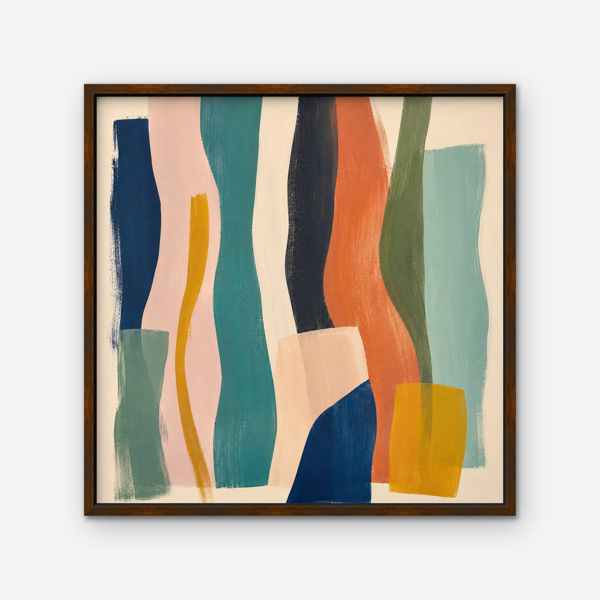 Teal and Coral Ribbons Canvas Art – square teal and coral abstract print in a walnut floating frame on a white background