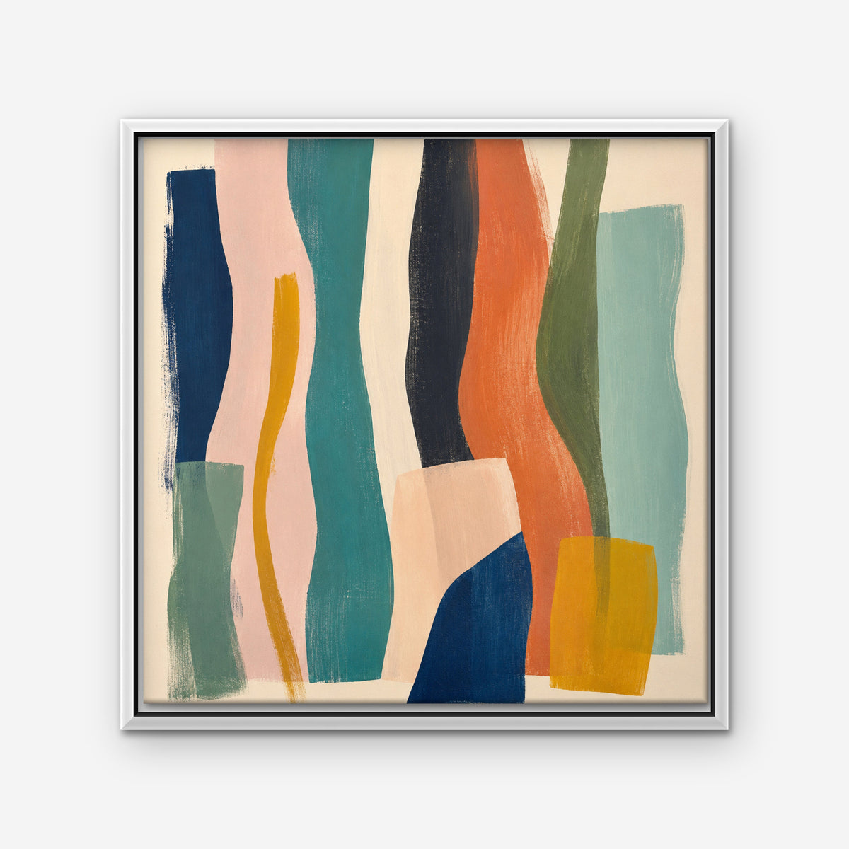 Teal and Coral Ribbons Canvas Art - Square – White Floating Frame on white background