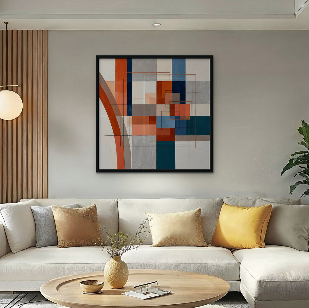 Terracotta Grid Canvas Art - Square – Black Floating Frame in room setting