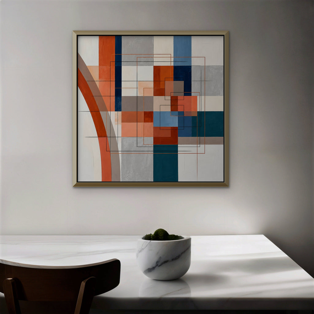 Terracotta Grid Canvas Art - Square – Gold Floating Frame in room setting
