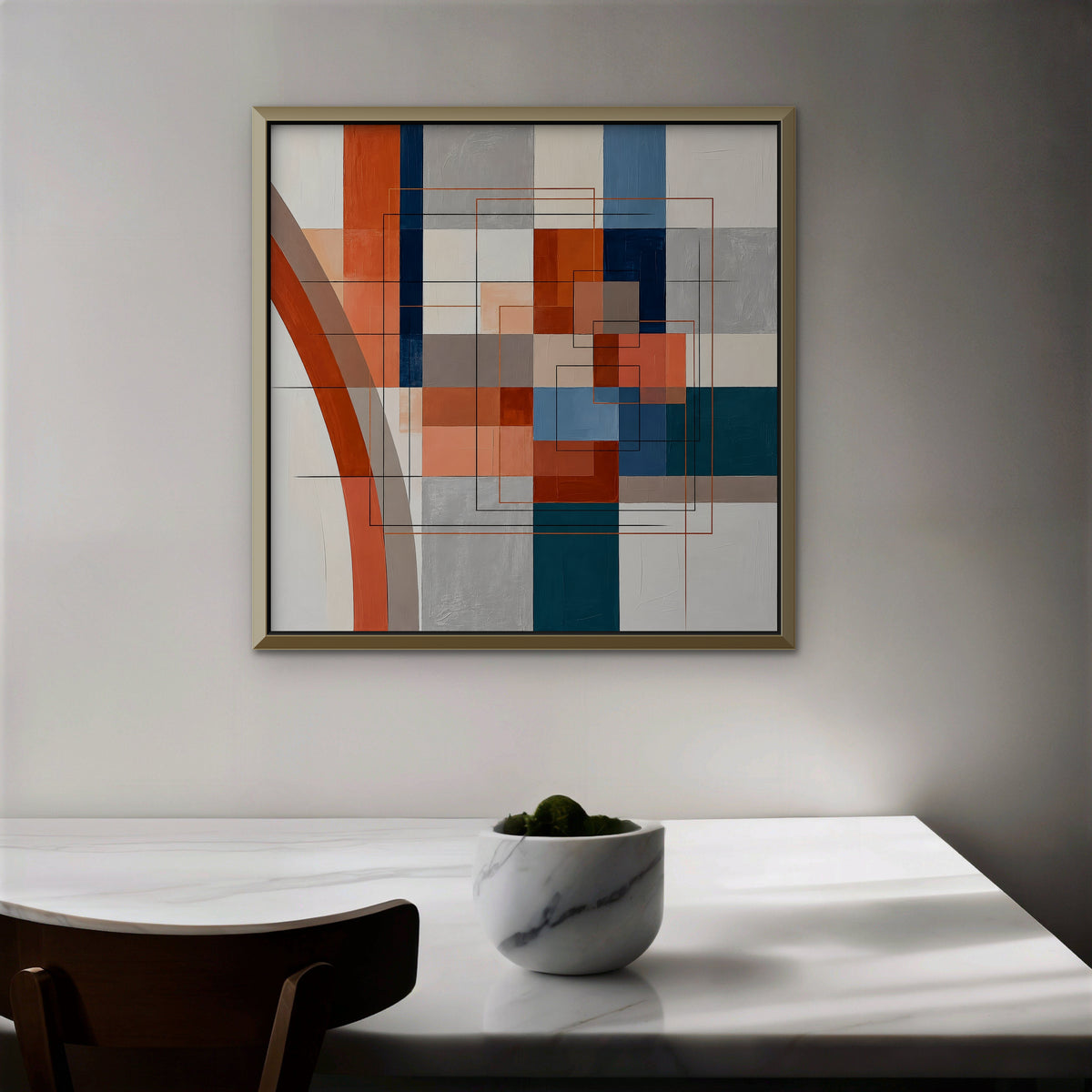 Terracotta Grid Canvas Art - Square – Gold Floating Frame in room setting