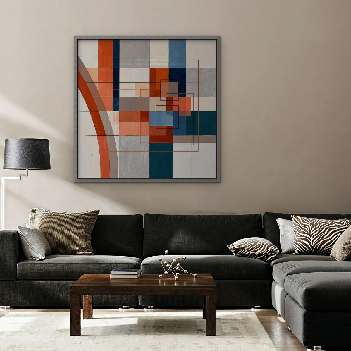 Terracotta Grid Canvas Art - Square – Silver Floating Frame in room setting