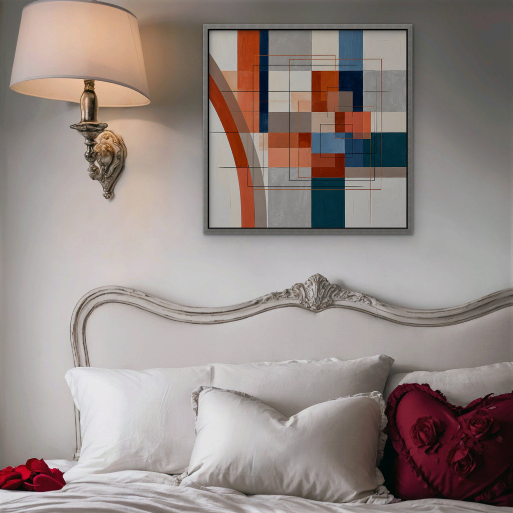 Terracotta Grid Canvas Art - Square – Silver Floating Frame in room setting
