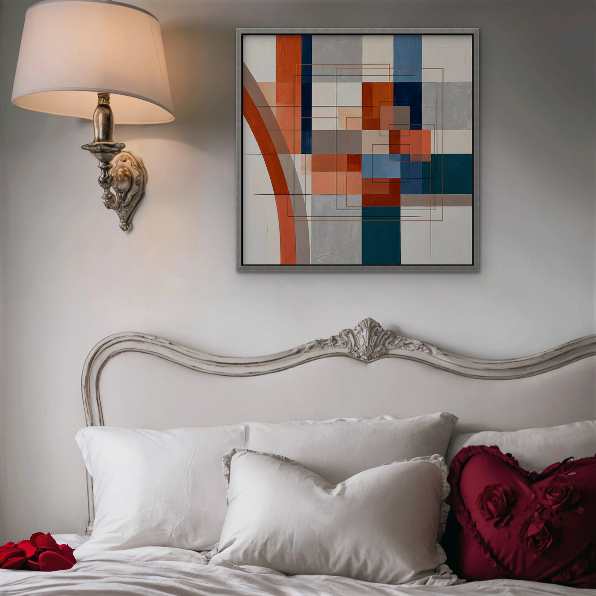 Terracotta Grid Canvas Art - Square – Silver Floating Frame in room setting