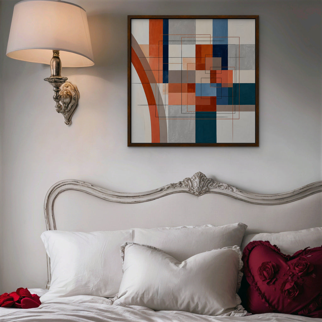Terracotta Grid Canvas Art - Square – Walnut Floating Frame in room setting