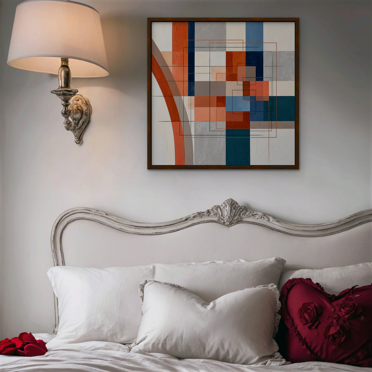 Terracotta Grid Canvas Art - Square – Walnut Floating Frame in room setting