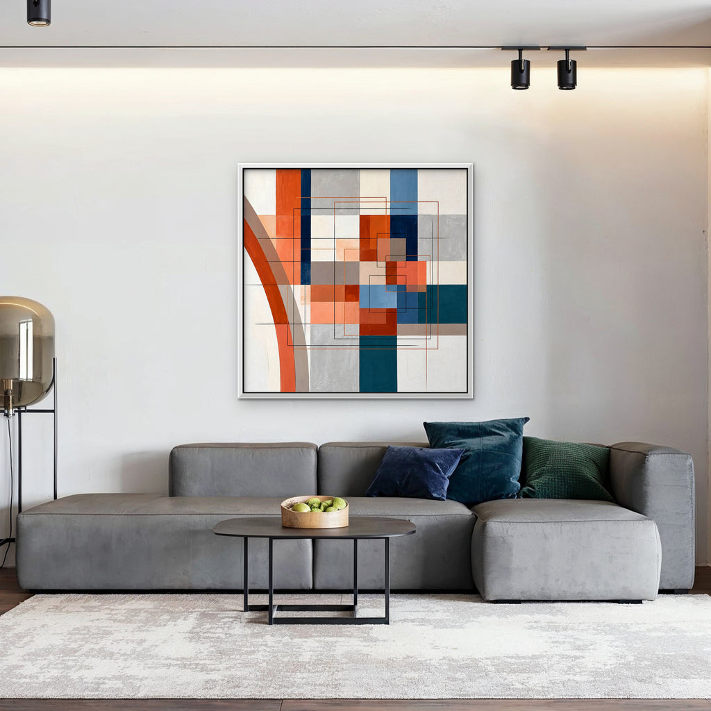 Terracotta Grid Canvas Art - Square – White Floating Frame in room setting
