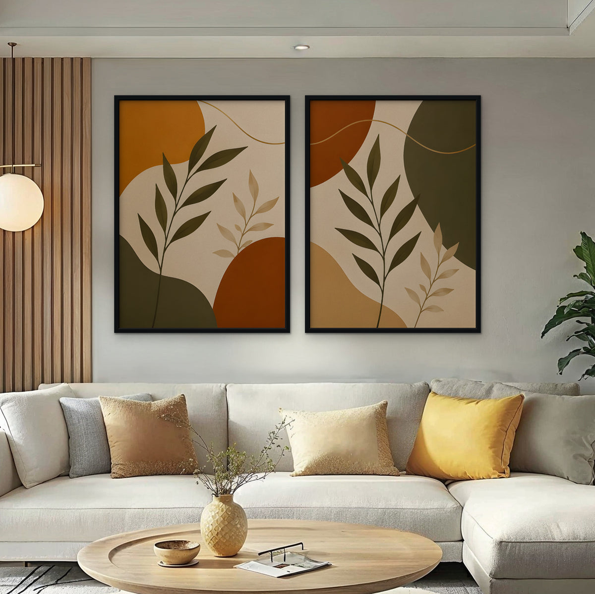 Terracotta Leaves Canvas Art - Set of 2 – Black Floating Frame in room setting