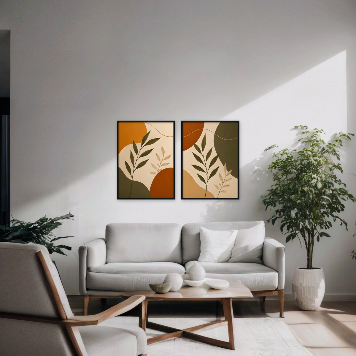 Terracotta Leaves Canvas Art - Set of 2 – Black Floating Frame in room setting