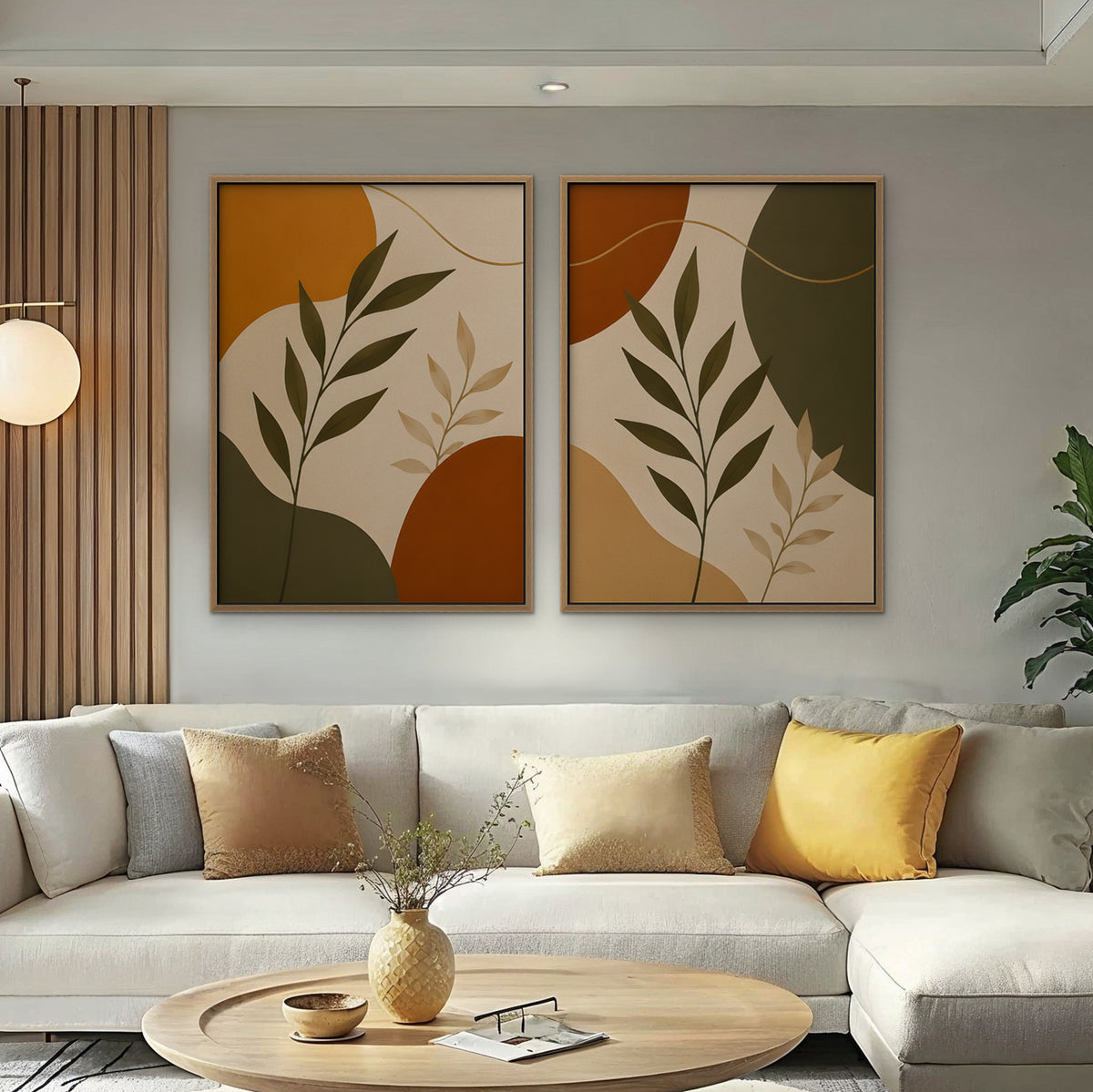 Terracotta Leaves Canvas Art - Set of 2 – Oak Floating Frame in room setting