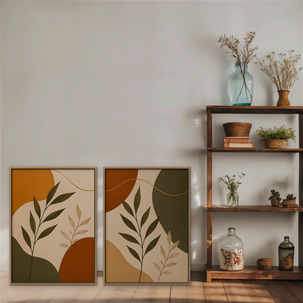 Terracotta Leaves Canvas Art - Set of 2 – Oak Floating Frame in room setting
