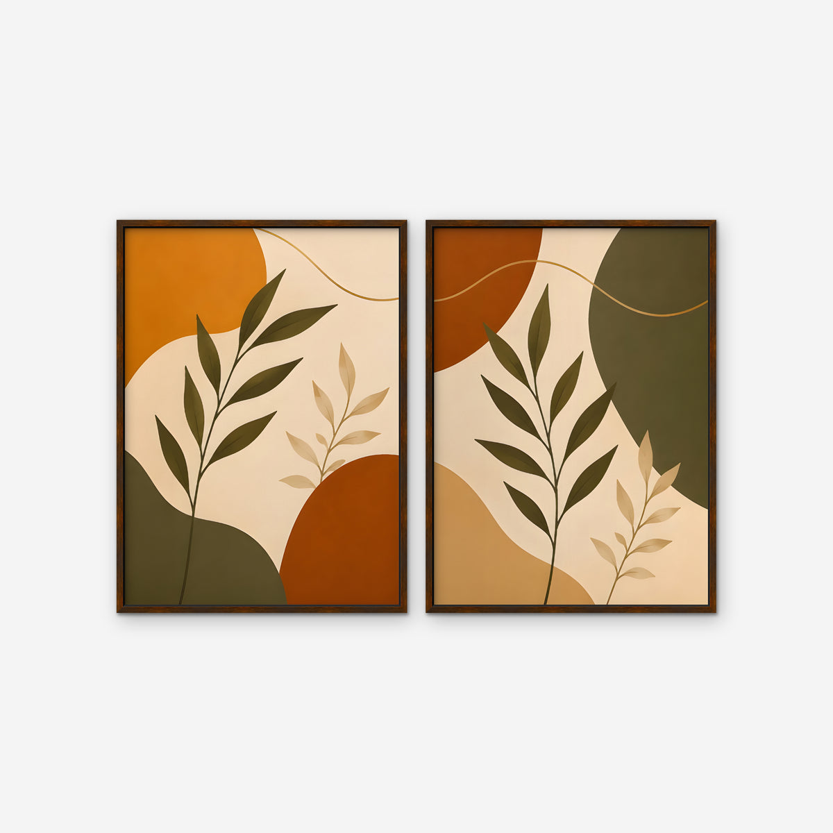 Terracotta Leaves Canvas Art - Set of 2 – Walnut Floating Frame on white background
