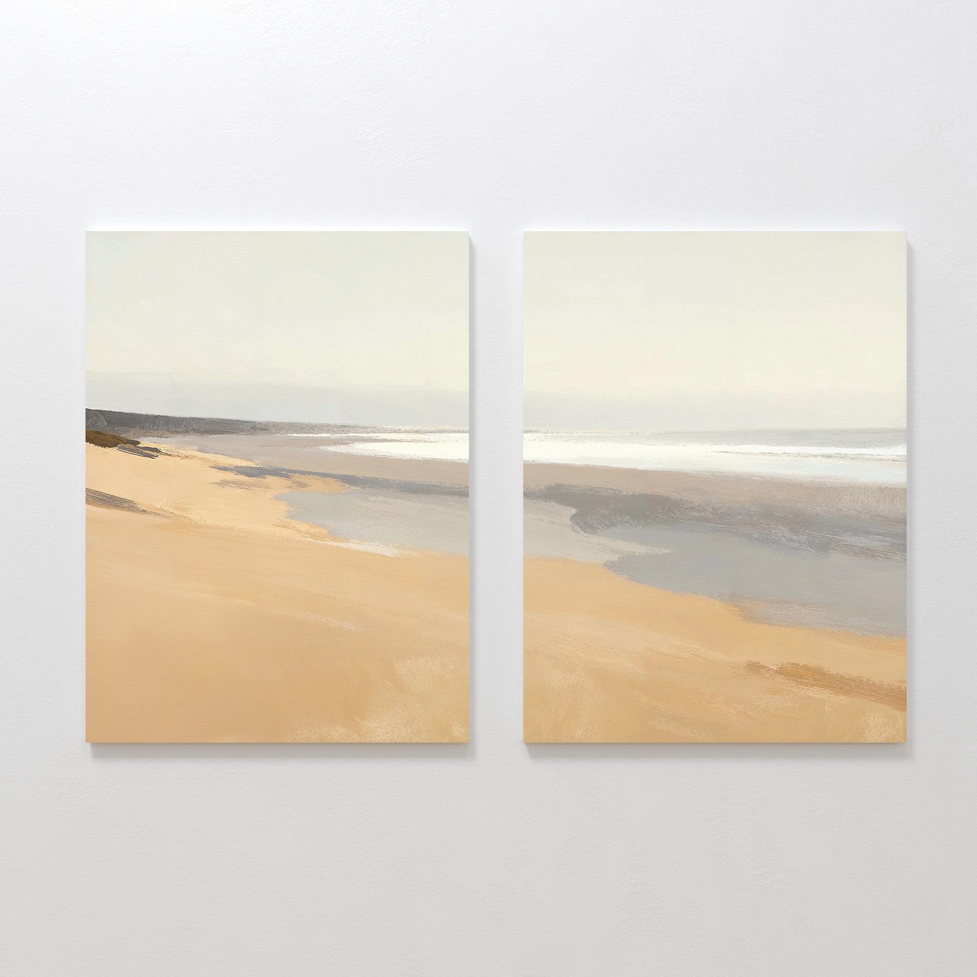 Whispering Shoreline Diptych – Set of 2 Canvas Prints set of 2 – beige and white coastal canvas wall art by Aspire Prints