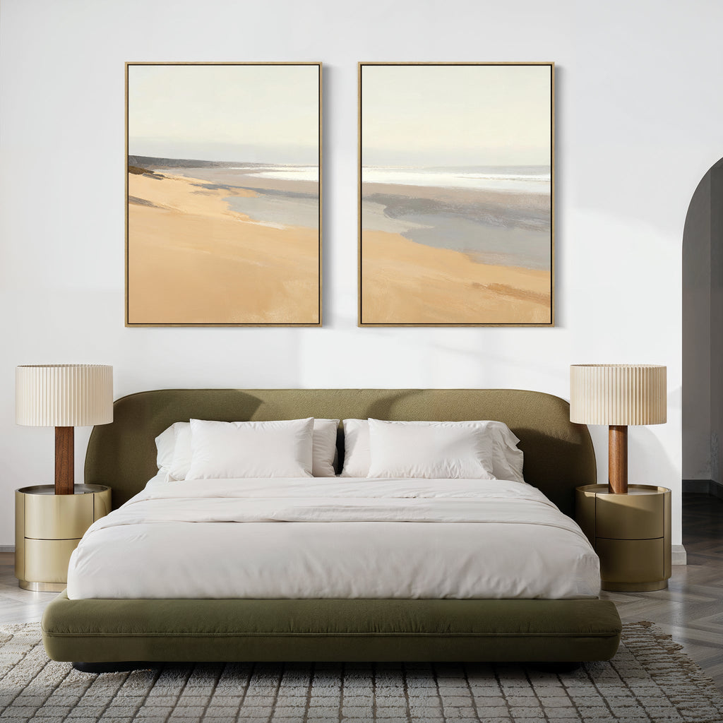 Whispering Shoreline Diptych – Set of 2 Canvas Prints set of 2 – beige and white coastal canvas wall art by Aspire Prints