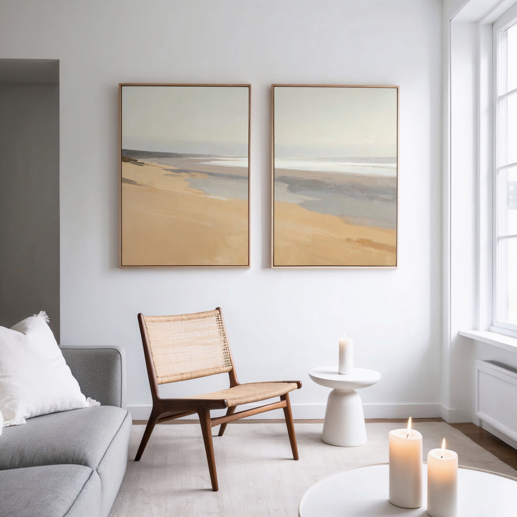 Whispering Shoreline Diptych – Set of 2 Canvas Prints set of 2 – beige and white coastal canvas wall art by Aspire Prints