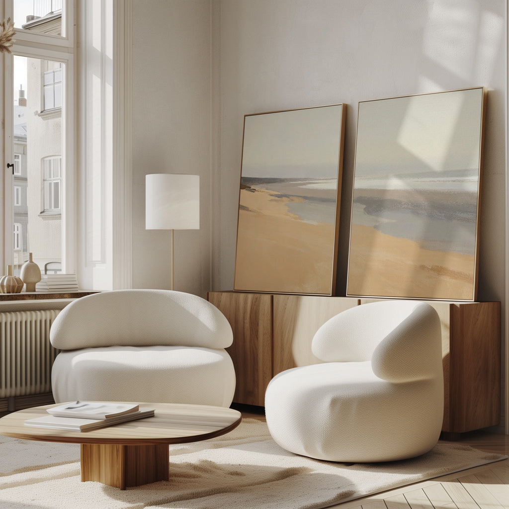 Whispering Shoreline Diptych – Set of 2 Canvas Prints set of 2 – beige and white coastal canvas wall art by Aspire Prints