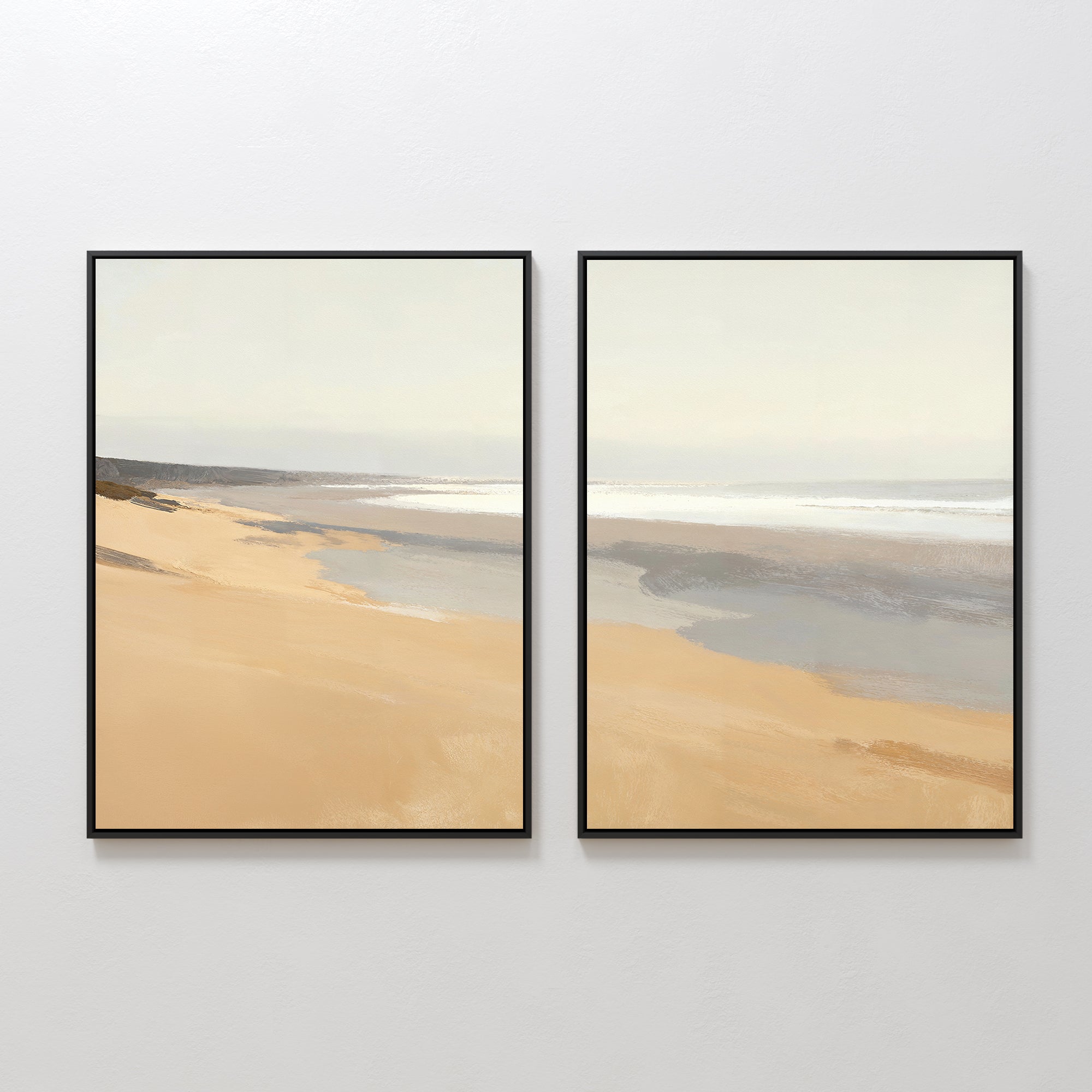 Whispering Shoreline Diptych – Set of 2 Canvas Prints set of 2 – beige and white coastal canvas wall art by Aspire Prints