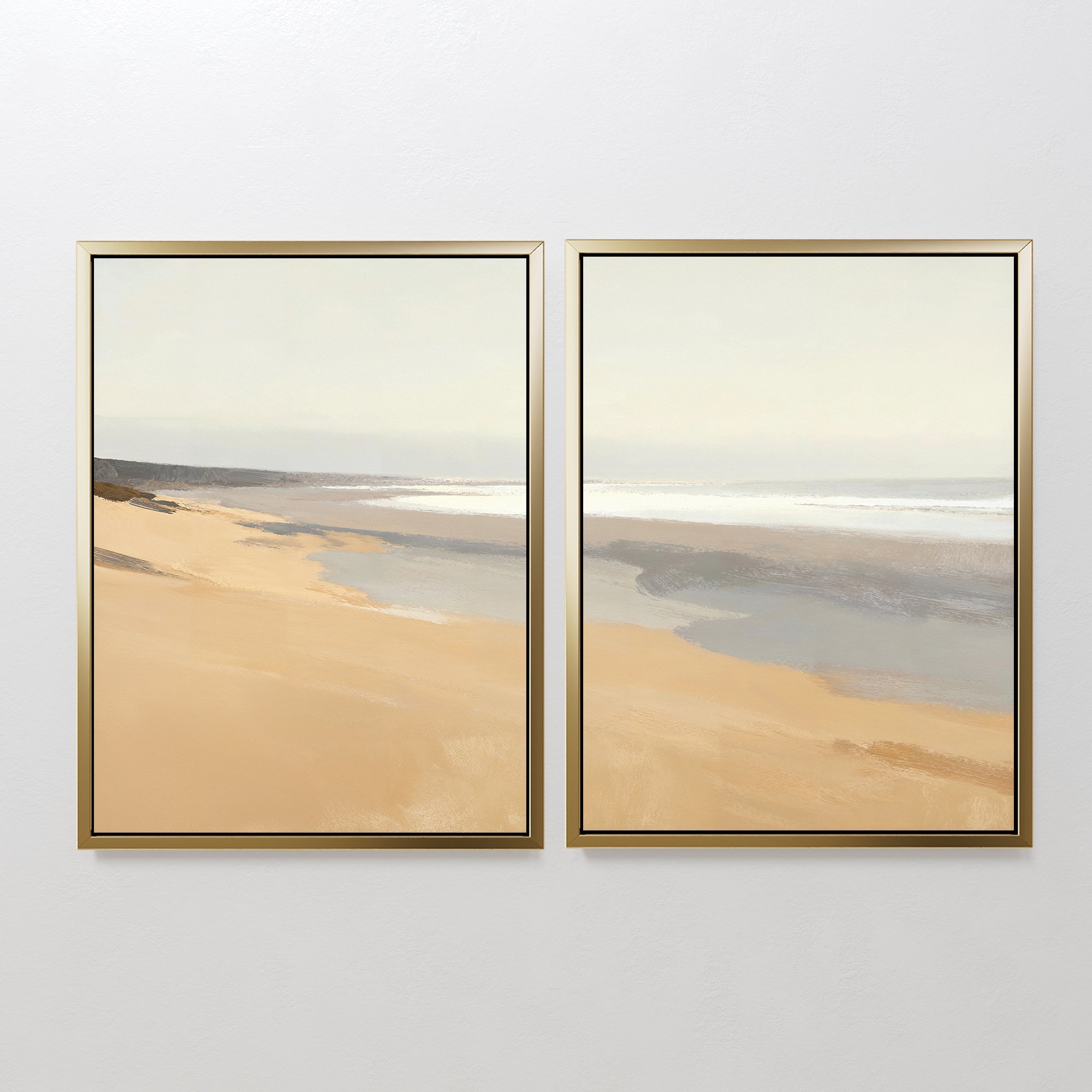 Whispering Shoreline Diptych – Set of 2 Canvas Prints set of 2 – beige and white coastal canvas wall art by Aspire Prints