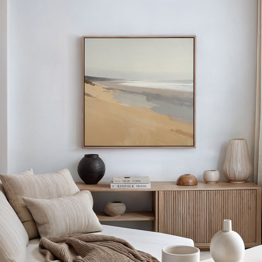 Whispering Shoreline Canvas Print – beige and white coastal canvas wall art print by Aspire Prints
