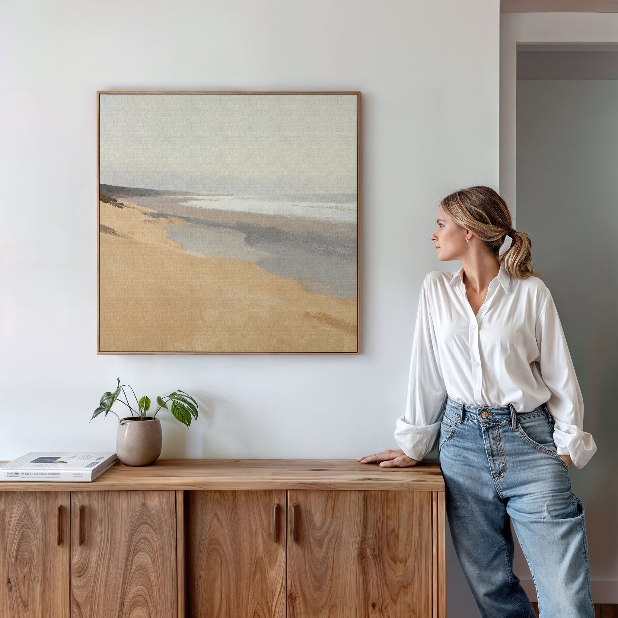Whispering Shoreline Canvas Print – beige and white coastal canvas wall art print by Aspire Prints