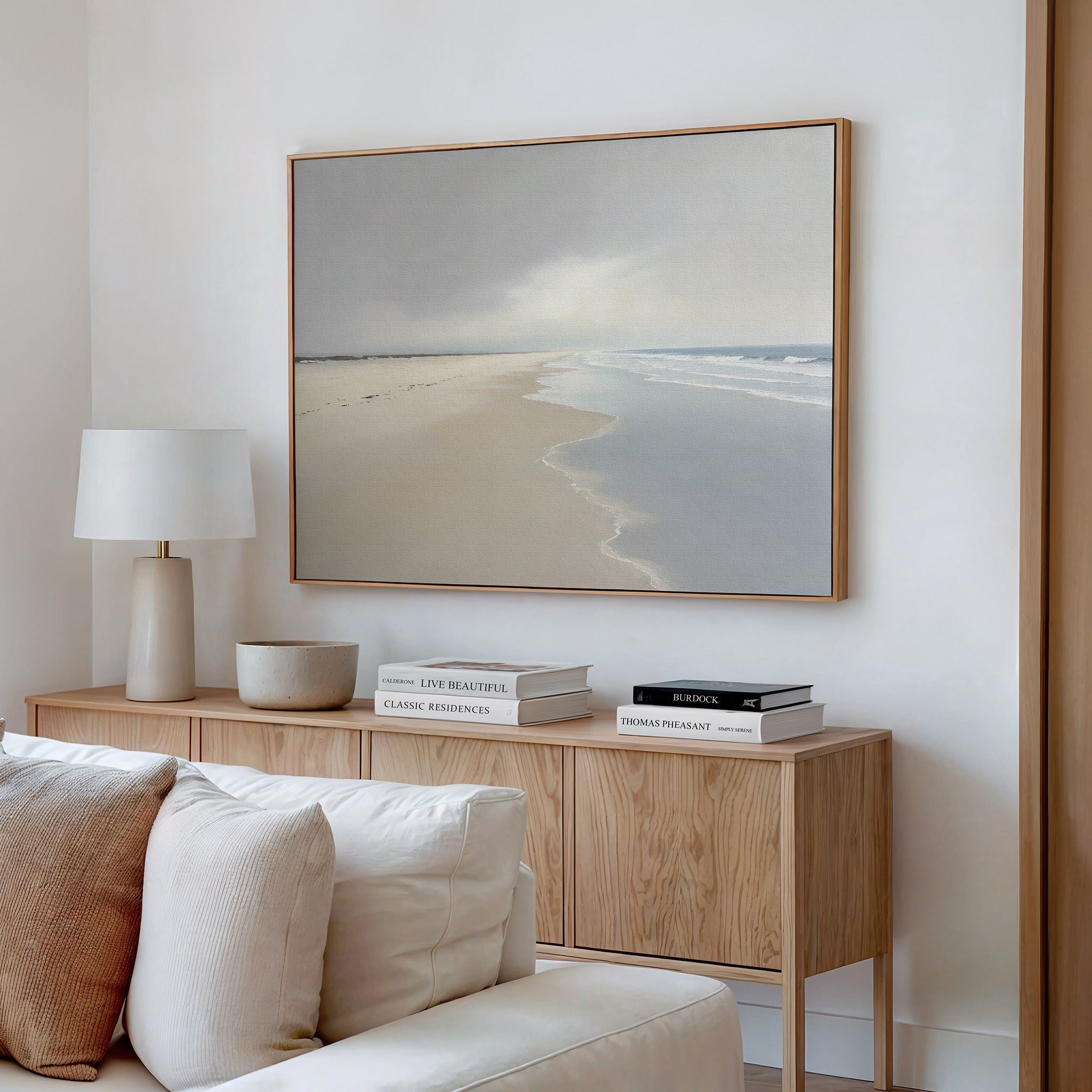 Whispers of the Shoreline Canvas Wall Art – beige and white coastal canvas wall art print by Aspire Prints