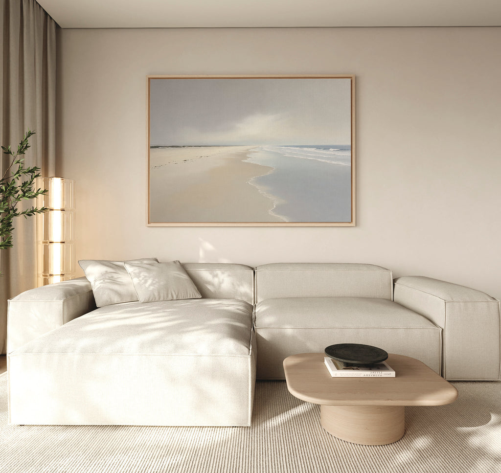 Whispers of the Shoreline Canvas Wall Art – beige and white coastal canvas wall art print by Aspire Prints