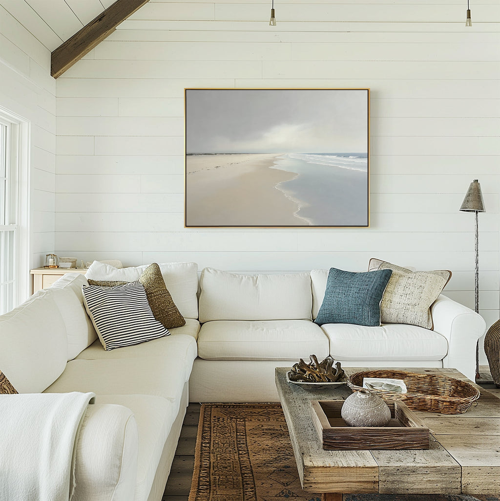 Whispers of the Shoreline Canvas Wall Art – beige and white coastal canvas wall art print by Aspire Prints