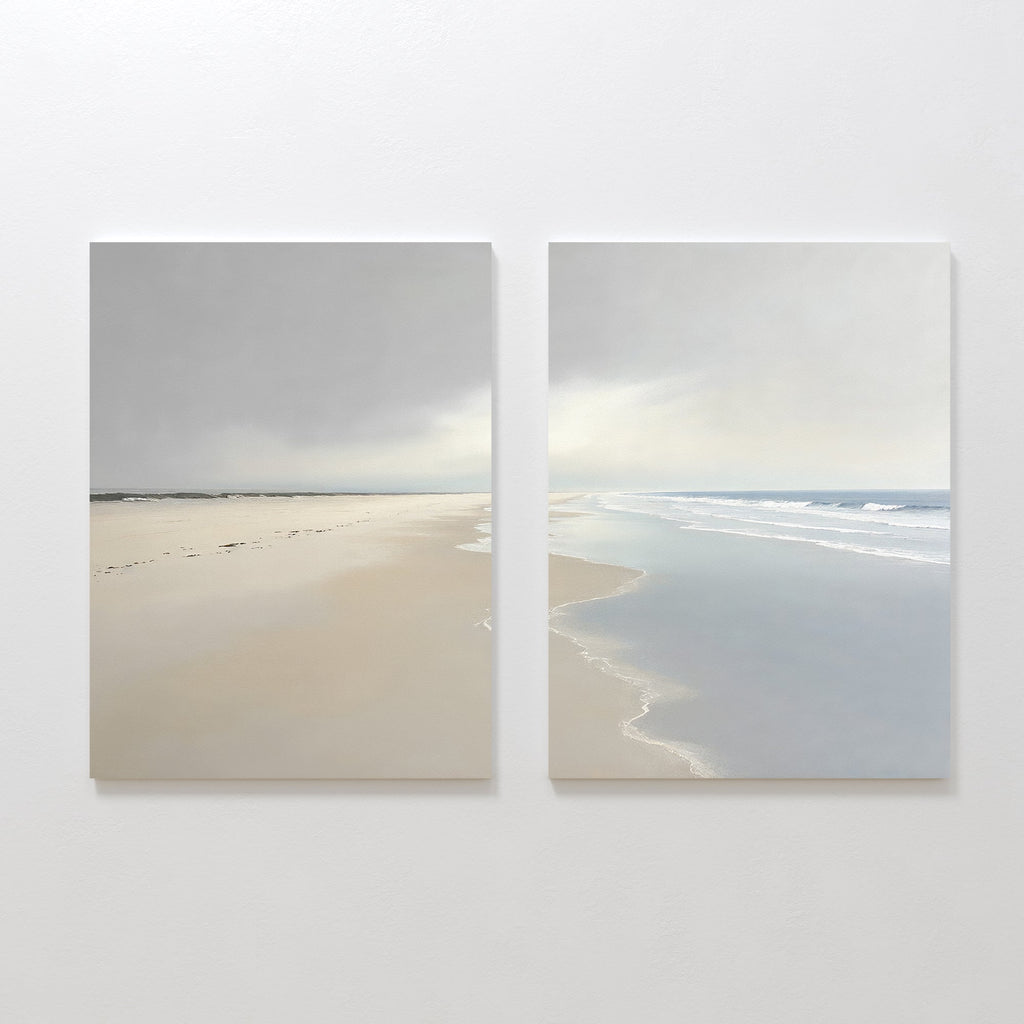 Whispering Tides – Set of 2 Canvas Prints set of 2 – beige and white coastal canvas wall art by Aspire Prints