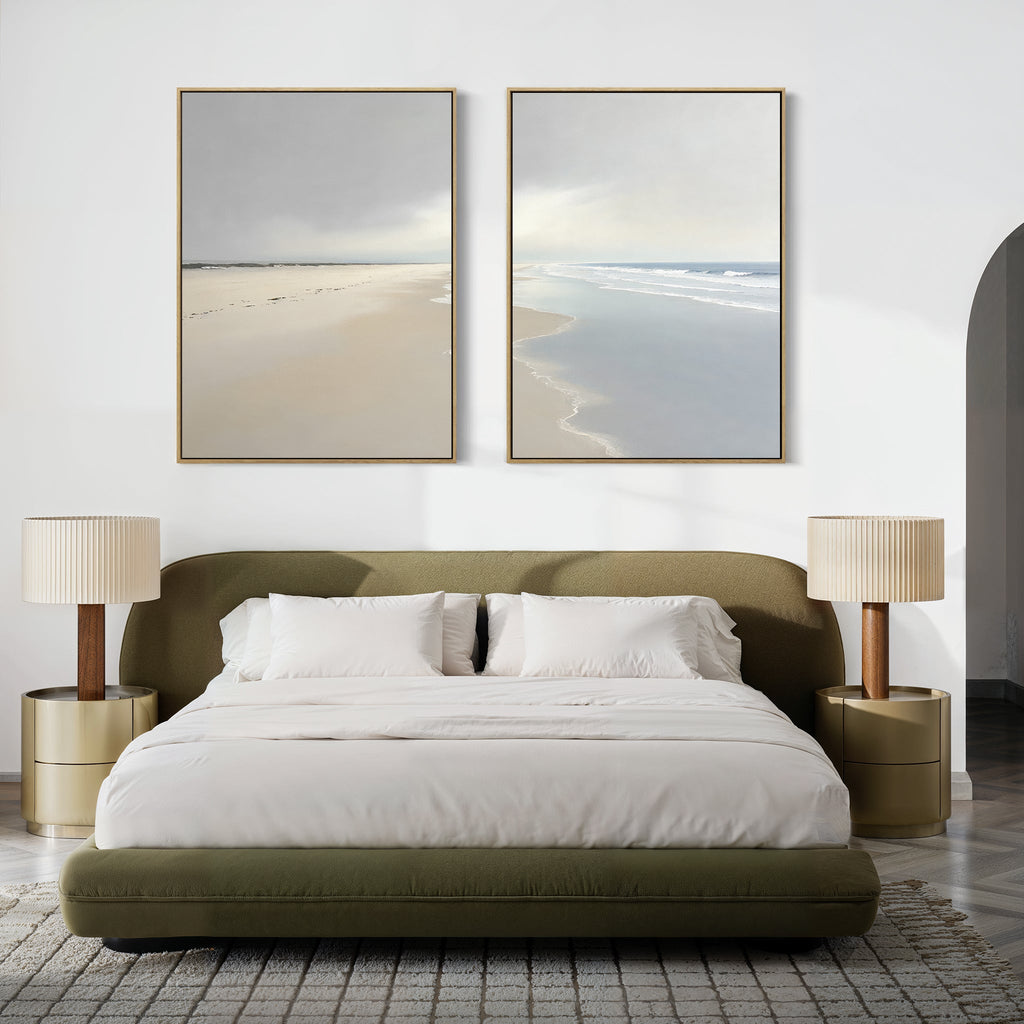 Whispering Tides – Set of 2 Canvas Prints set of 2 – beige and white coastal canvas wall art by Aspire Prints