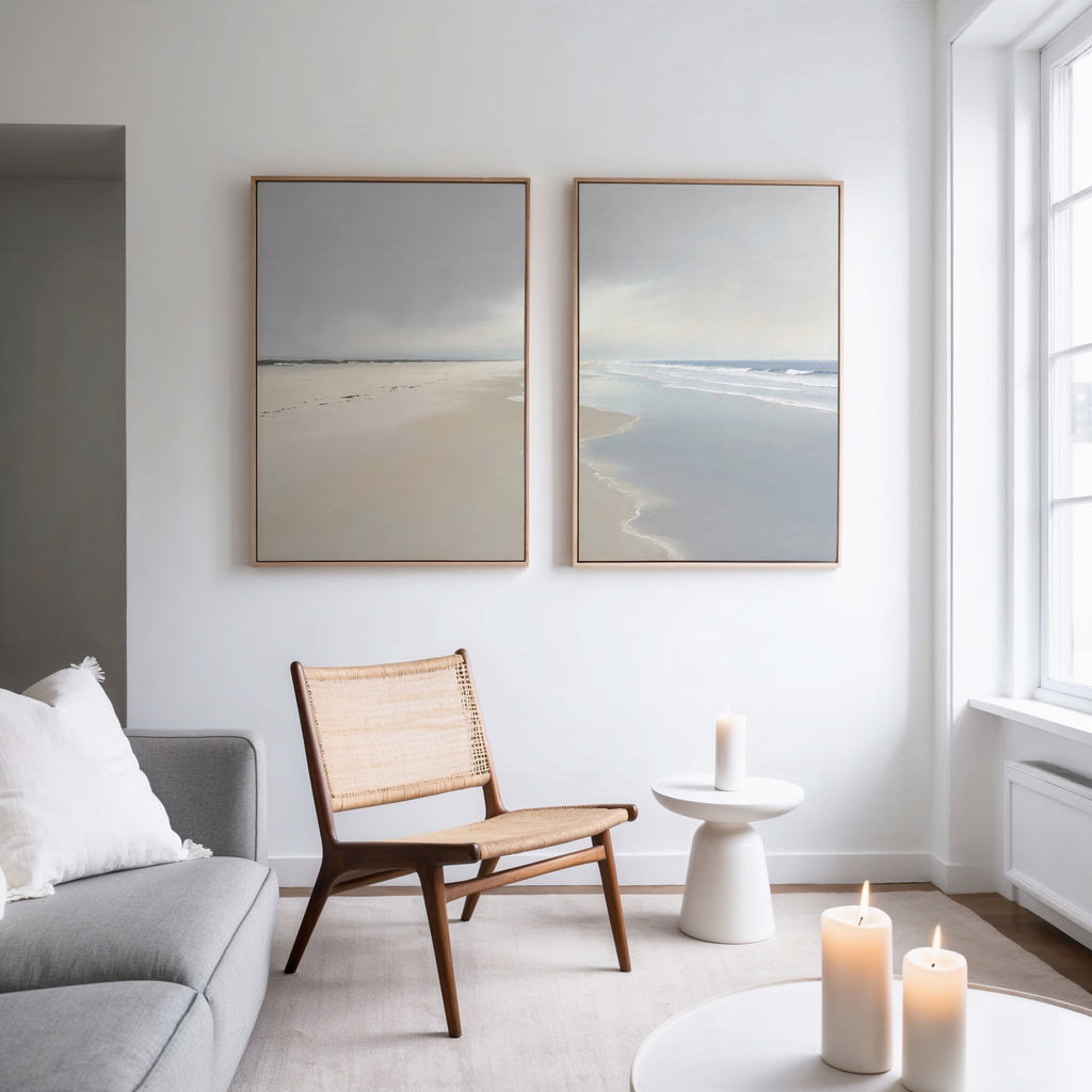 Whispering Tides – Set of 2 Canvas Prints set of 2 – beige and white coastal canvas wall art by Aspire Prints