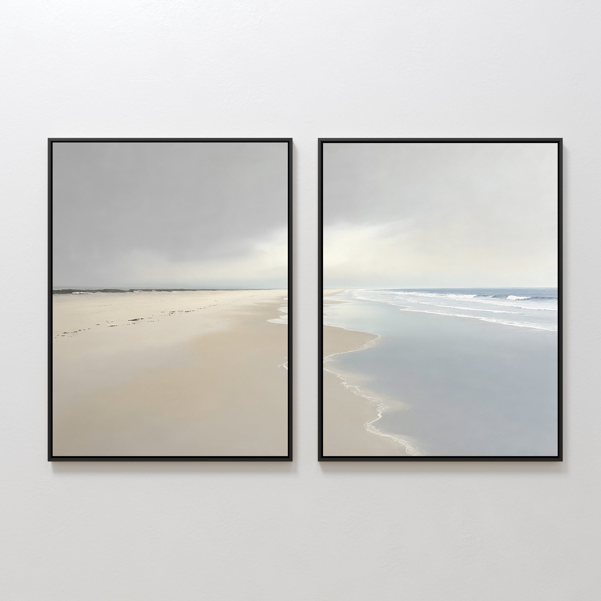 Whispering Tides – Set of 2 Canvas Prints set of 2 – beige and white coastal canvas wall art by Aspire Prints