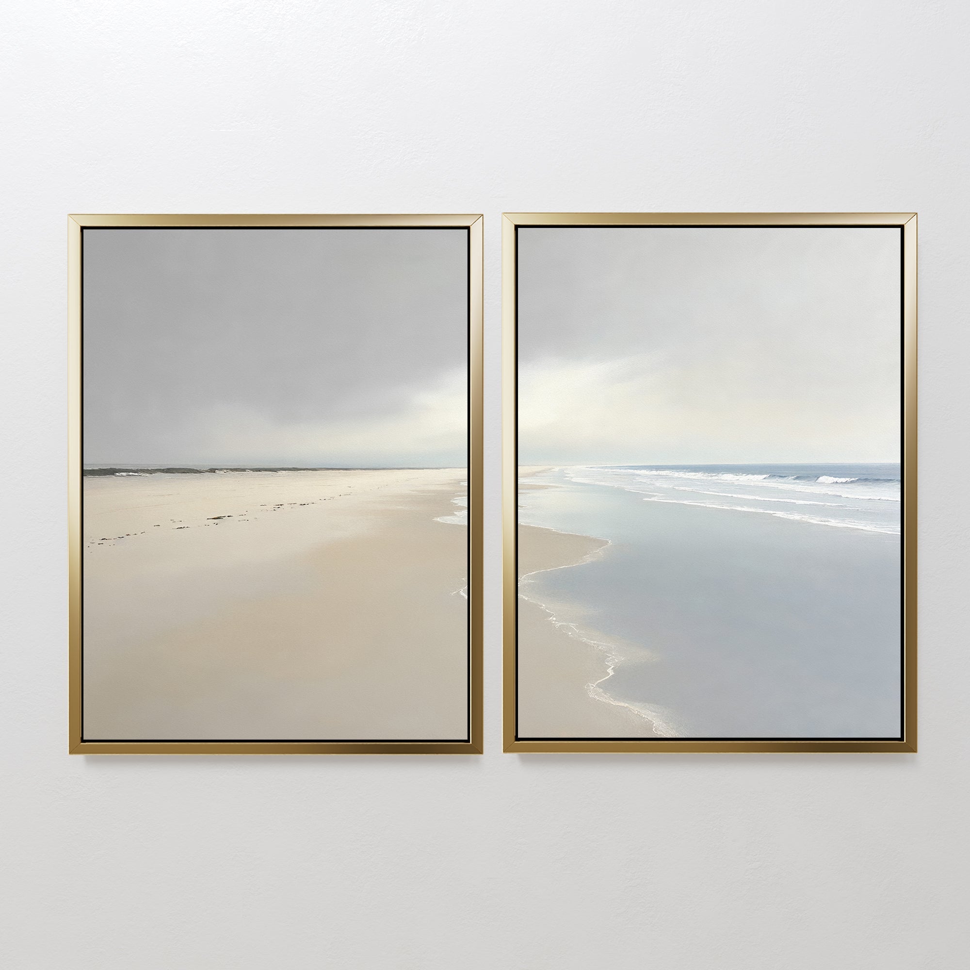 Whispering Tides – Set of 2 Canvas Prints set of 2 – beige and white coastal canvas wall art by Aspire Prints