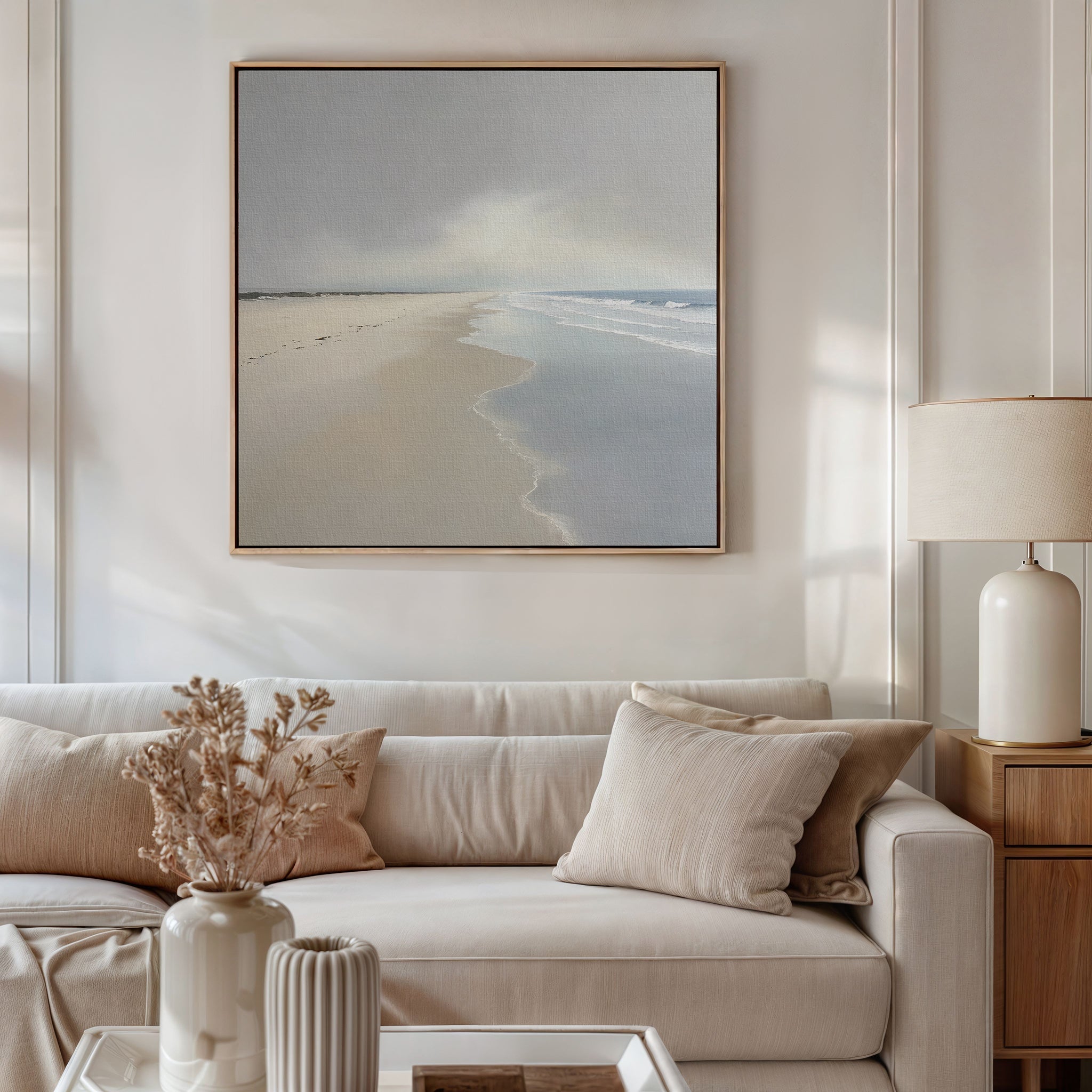 Whispers of the Shoreline Canvas Print – beige and white coastal canvas wall art print by Aspire Prints