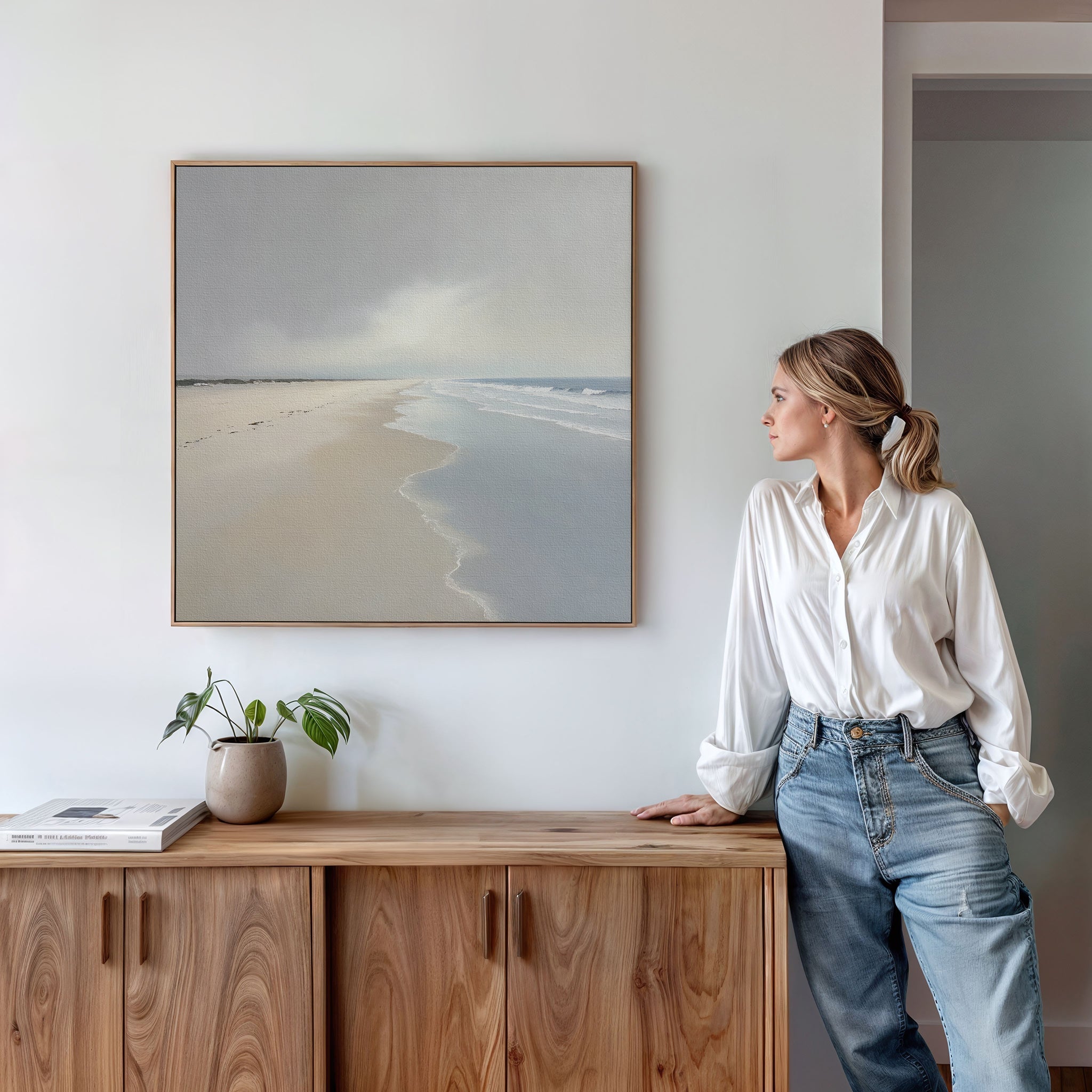 Whispers of the Shoreline Canvas Print – beige and white coastal canvas wall art print by Aspire Prints