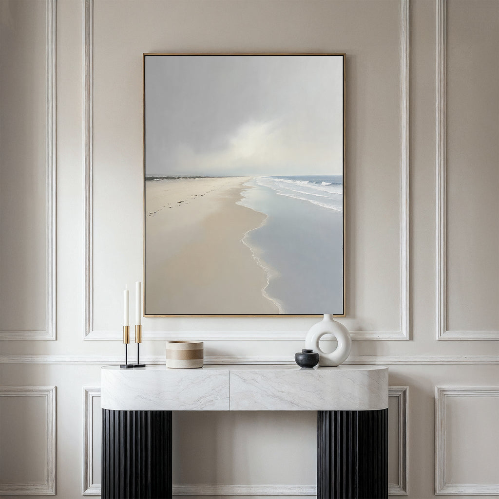 Whispering Tide – beige and white coastal canvas wall art print by Aspire Prints