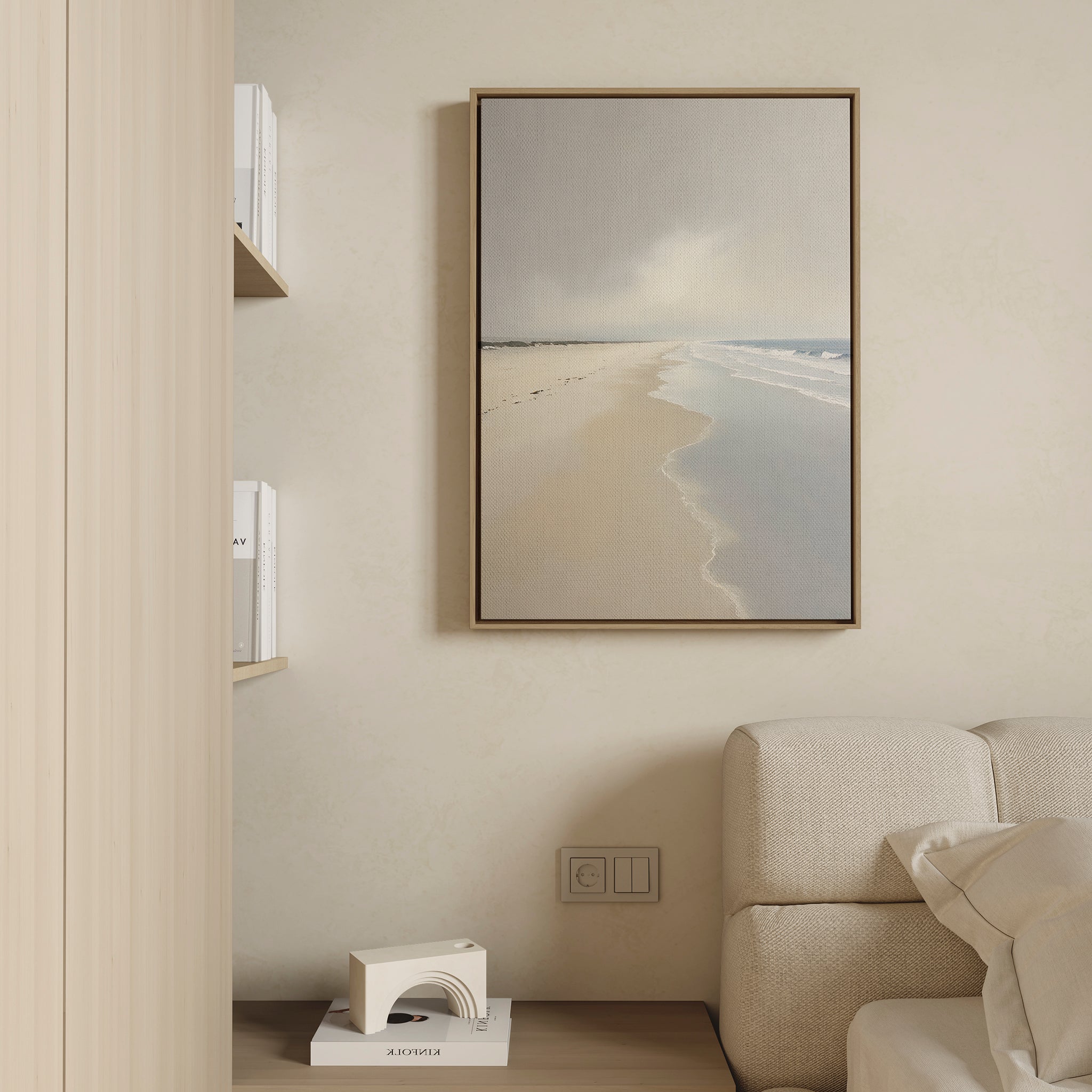 Whispering Tide – beige and white coastal canvas wall art print by Aspire Prints