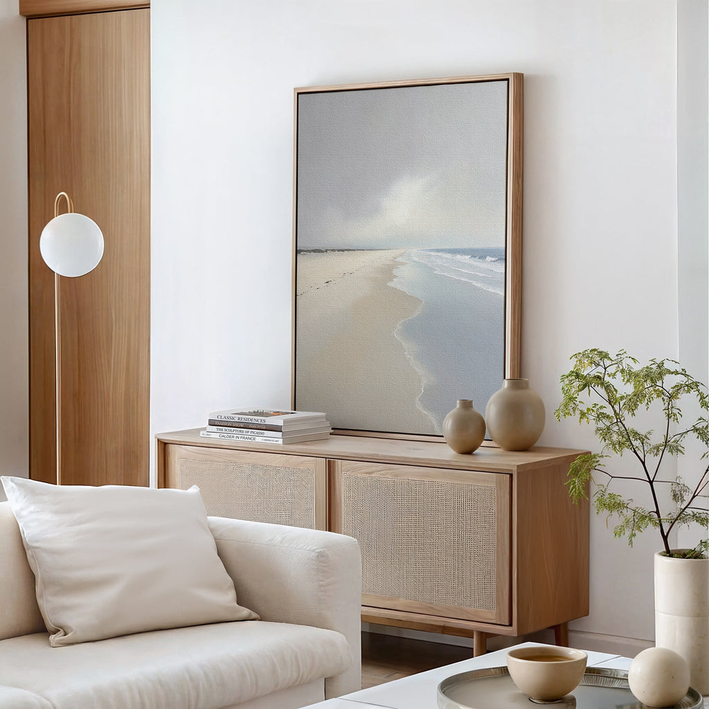 Whispering Tide – beige and white coastal canvas wall art print by Aspire Prints