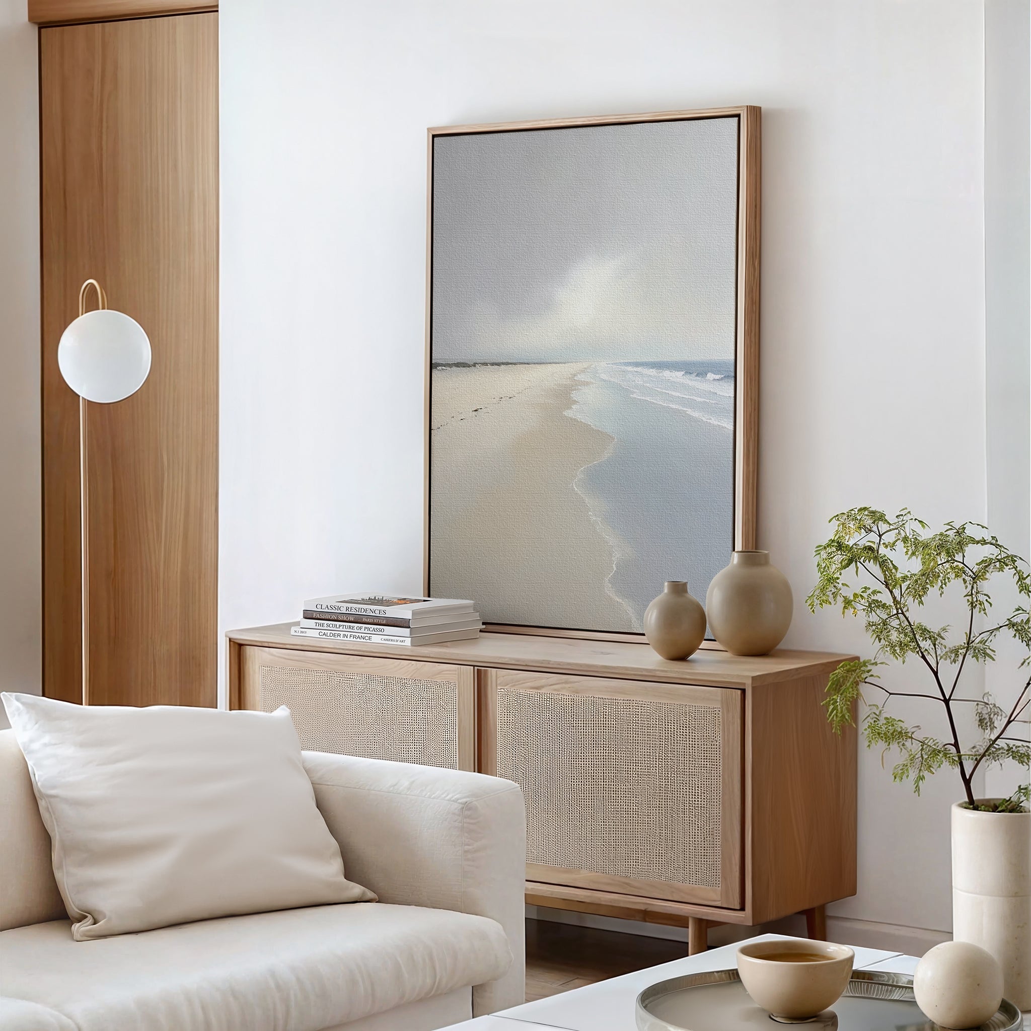 Whispering Tide – beige and white coastal canvas wall art print by Aspire Prints