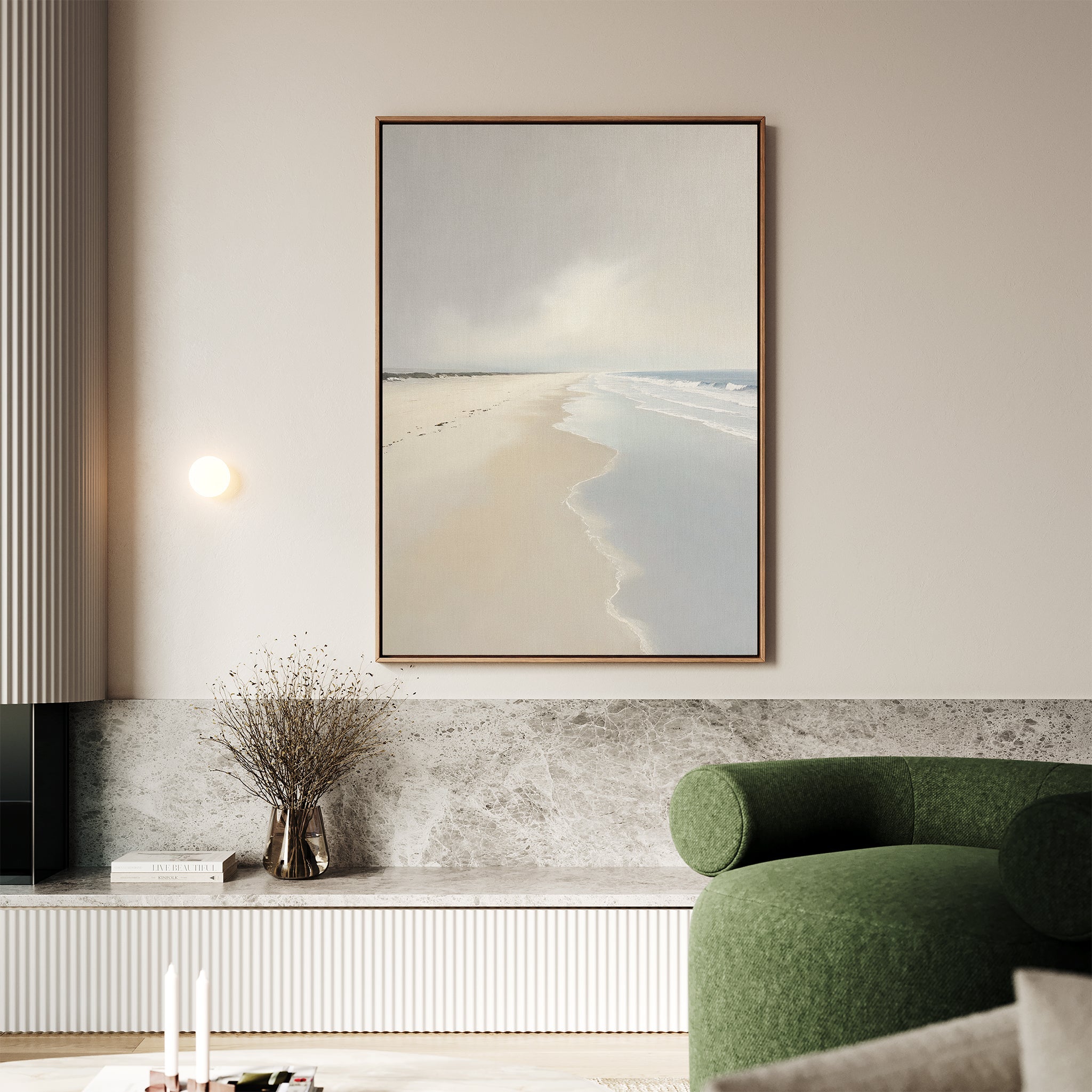 Whispering Tide – beige and white coastal canvas wall art print by Aspire Prints