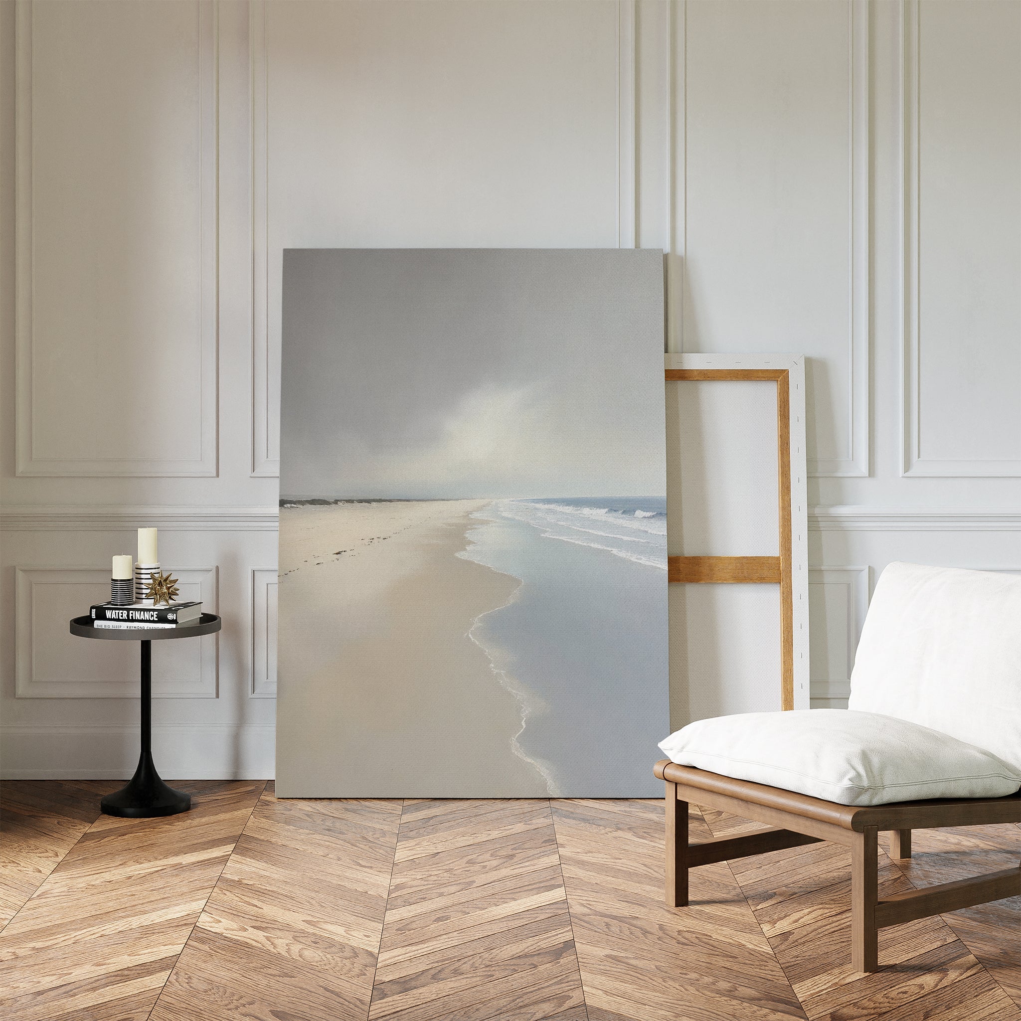 Whispering Tide – beige and white coastal canvas wall art print by Aspire Prints