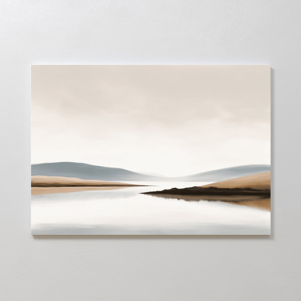 Whisper of the Still Lake – beige and white landscape canvas wall art print by Aspire Prints