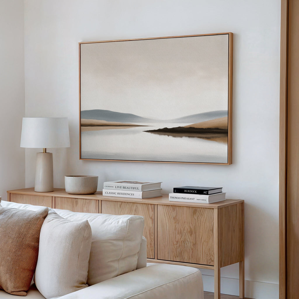 Whisper of the Still Lake – beige and white landscape canvas wall art print by Aspire Prints