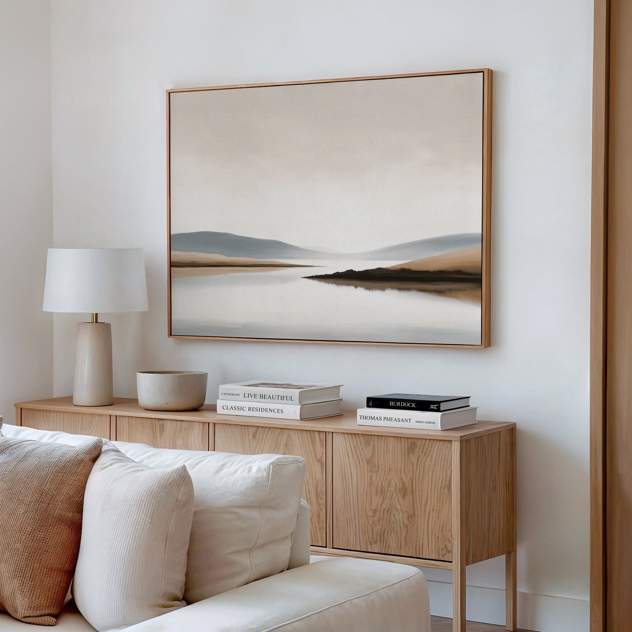 Whisper of the Still Lake – beige and white landscape canvas wall art print by Aspire Prints