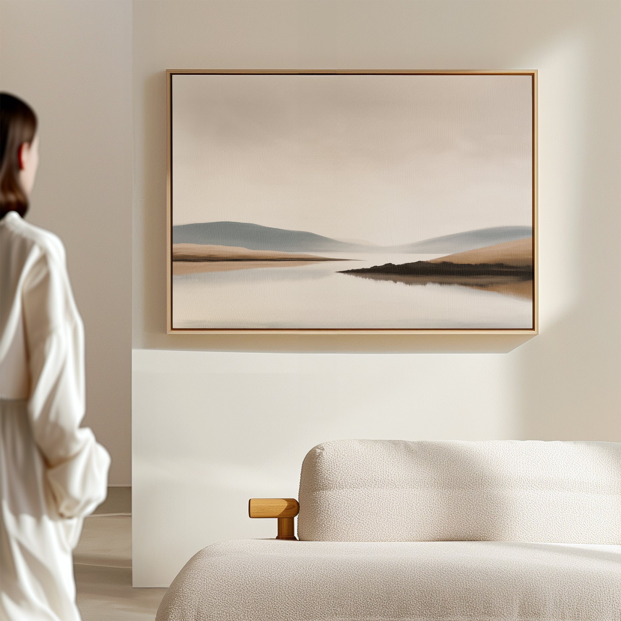 Whisper of the Still Lake – beige and white landscape canvas wall art print by Aspire Prints