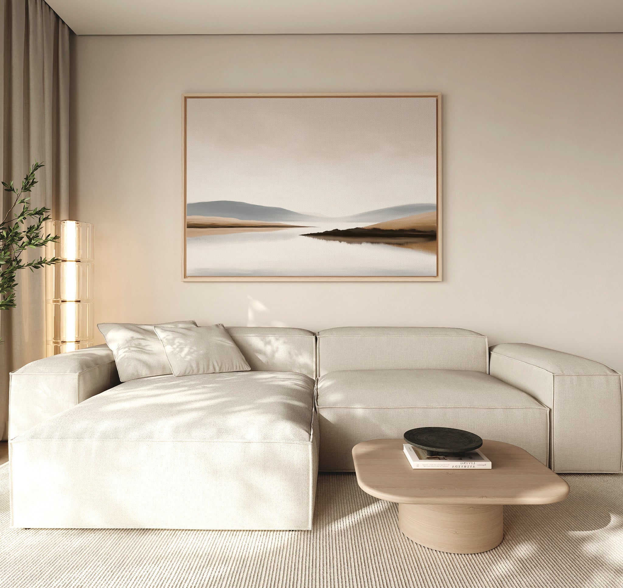 Whisper of the Still Lake – beige and white landscape canvas wall art print by Aspire Prints