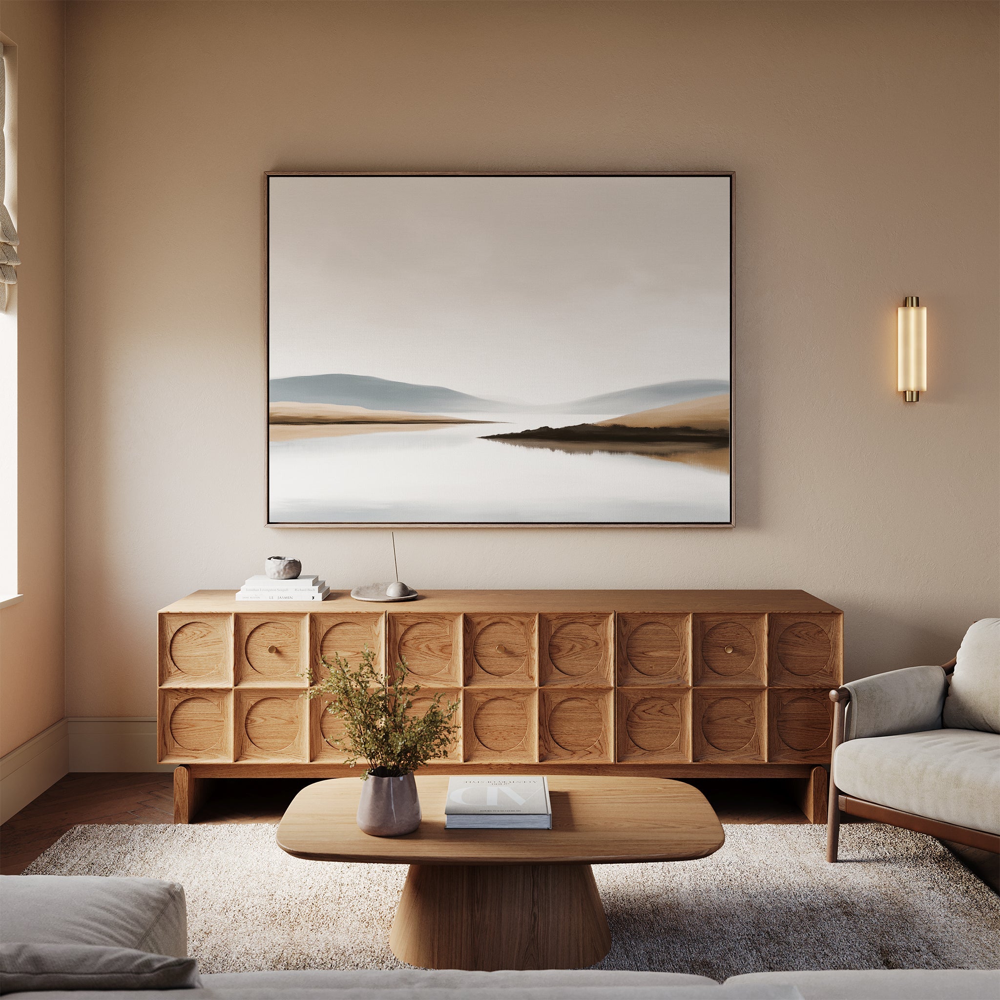 Whisper of the Still Lake – beige and white landscape canvas wall art print by Aspire Prints