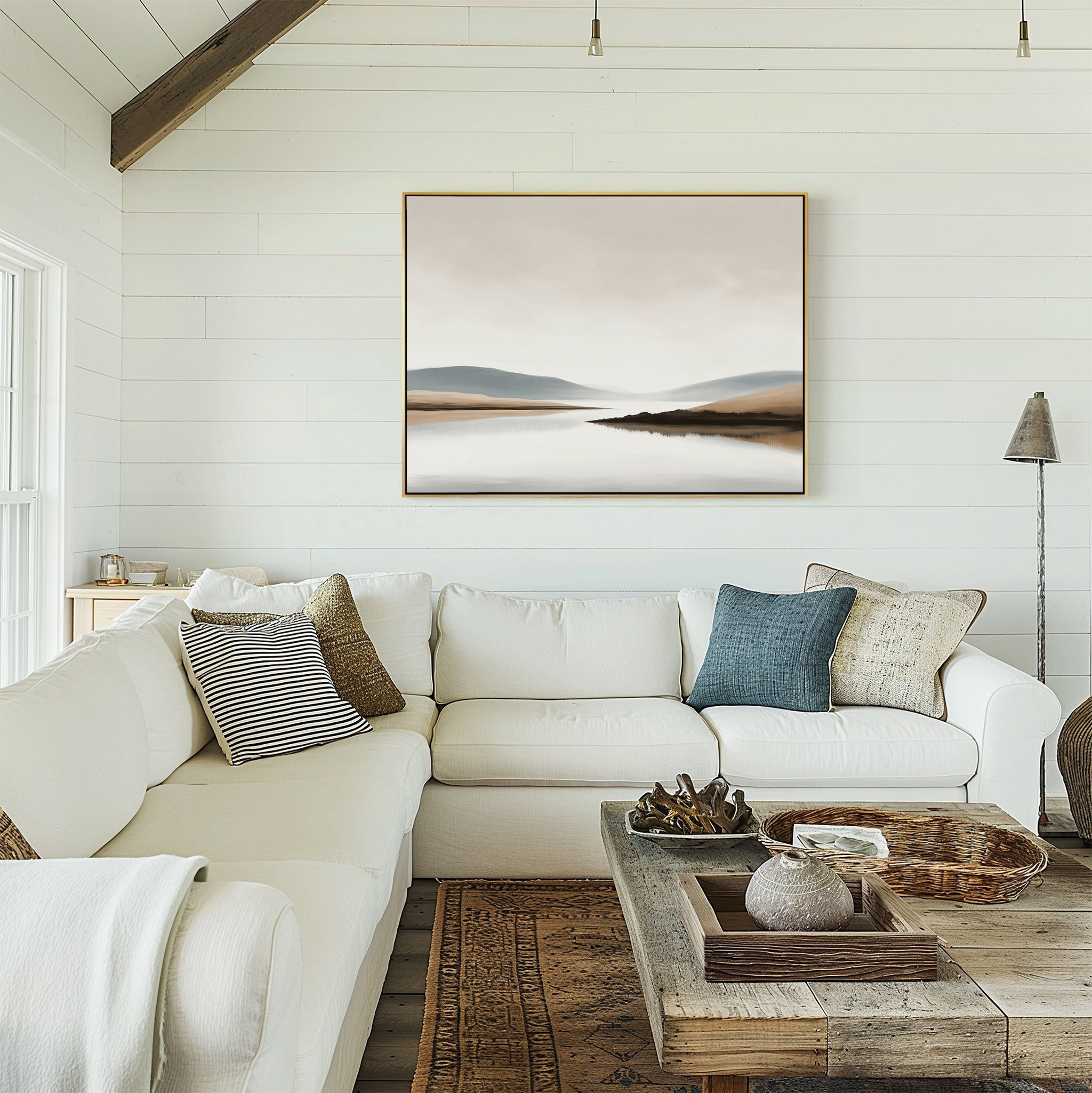 Whisper of the Still Lake – beige and white landscape canvas wall art print by Aspire Prints