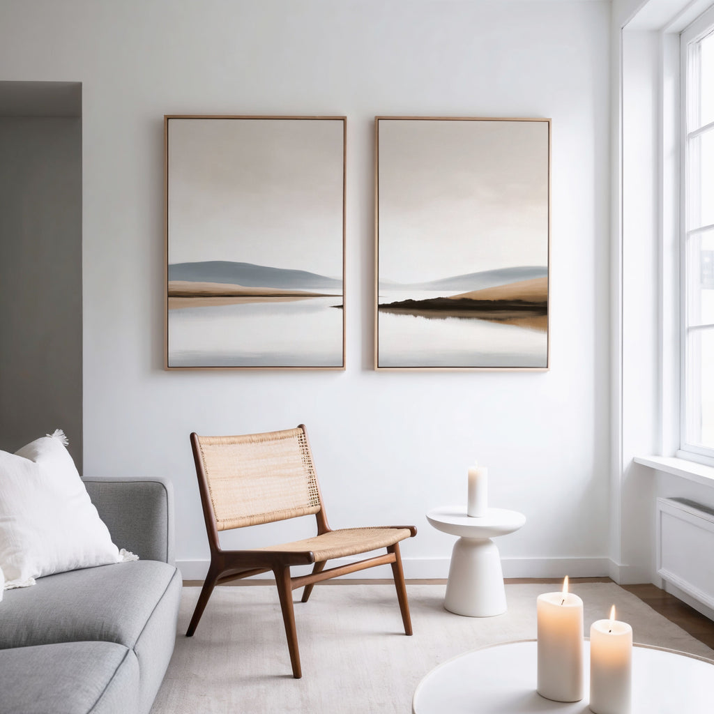 Whispers Across Still Water – Set of 2 Canvas Prints set of 2 – beige and white landscape canvas wall art by Aspire Prints