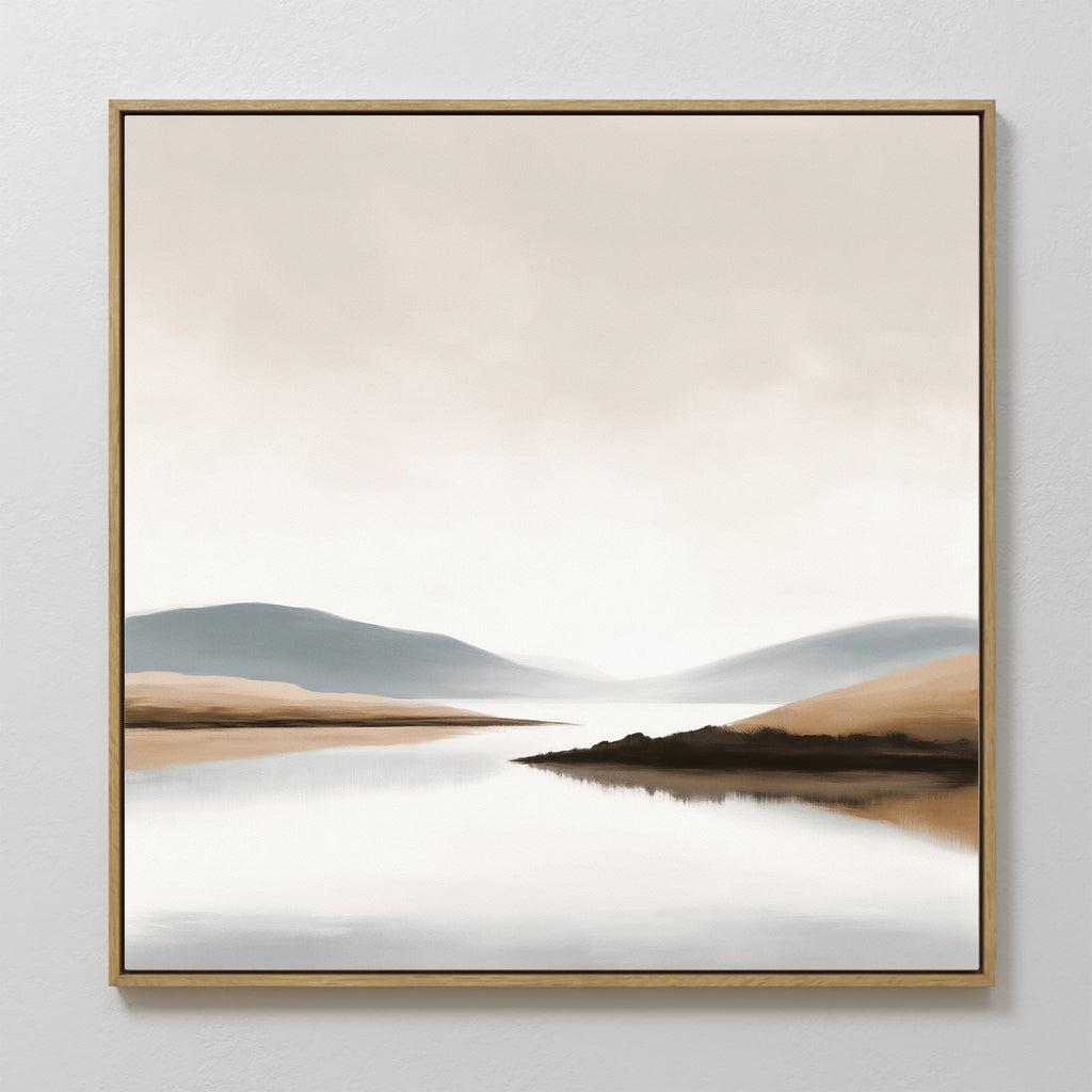 Whispers of the Still Lake – beige and white landscape canvas wall art print by Aspire Prints