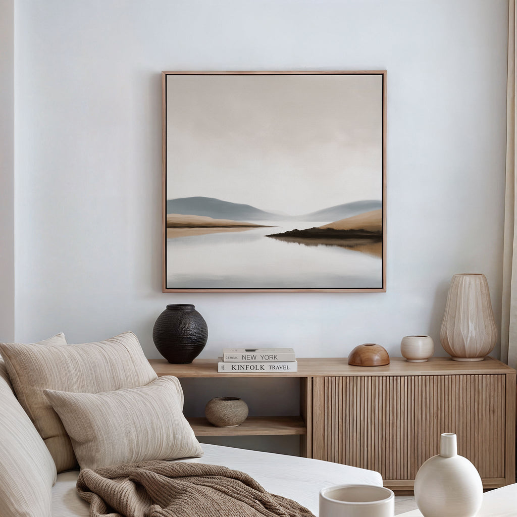Whispers of the Still Lake – beige and white landscape canvas wall art print by Aspire Prints